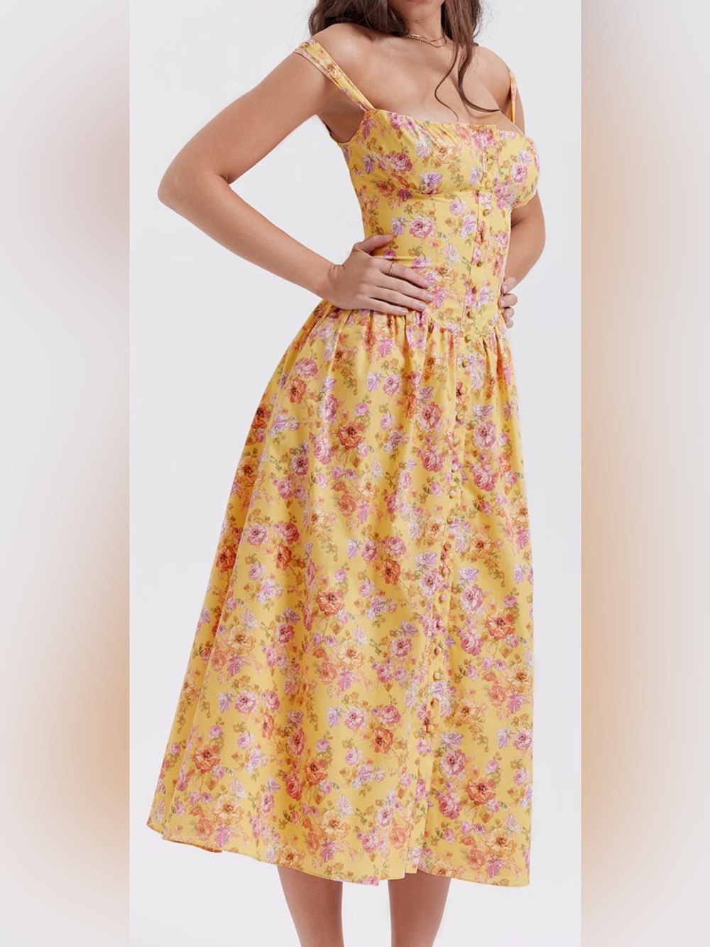 NEW House Of CB Tatiana Butter Yellow Floral Print Midi Sundress Sz XL L+ - Picture 3 of 12